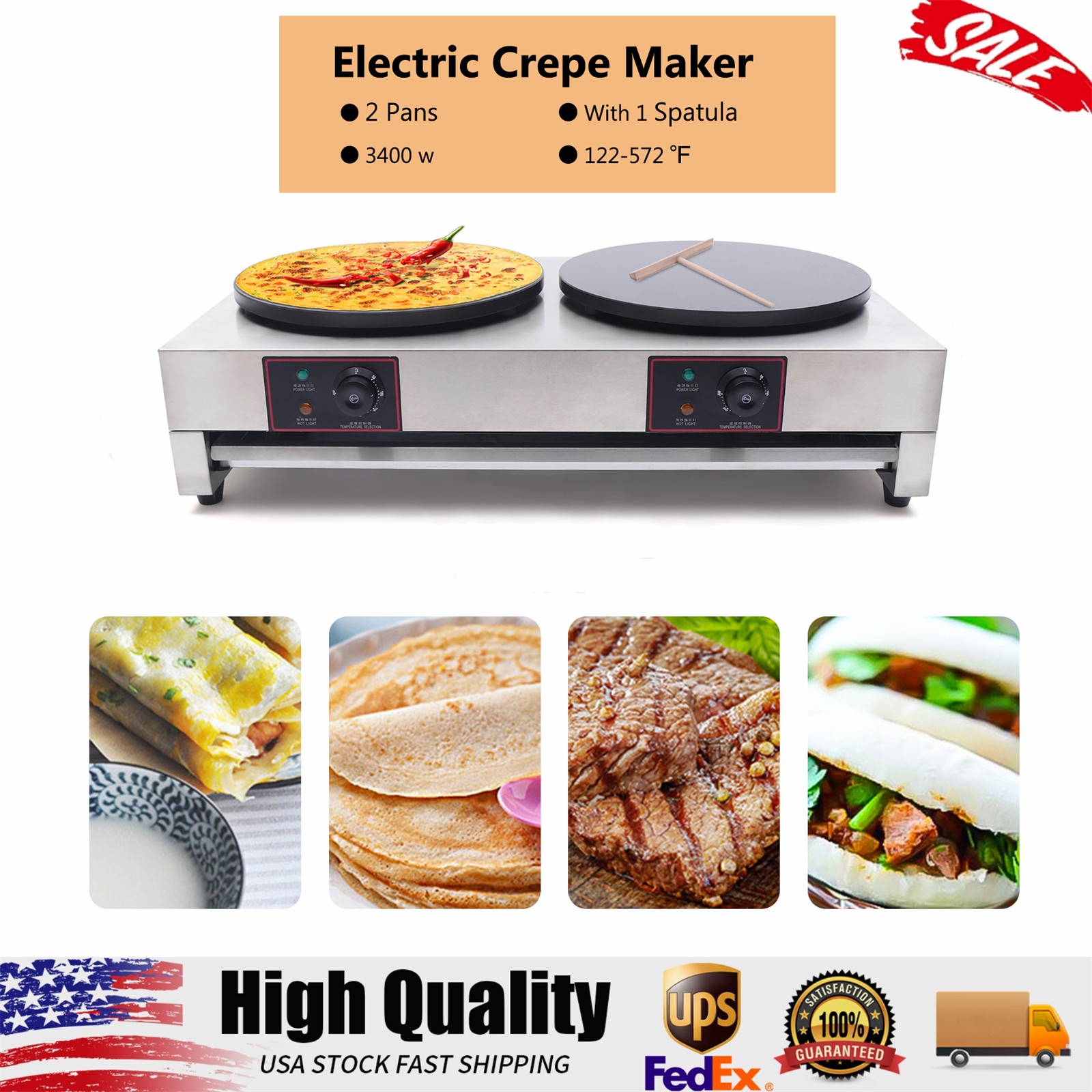 2 Burners Pancake Baking Machine Dual-head Electric Crepe Maker W/ Stove Rake