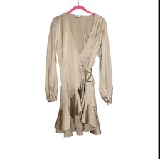 NA-KD Wrap Mini Dress Womens US 4 Beige Satin Long Sleeve Ruffle Tie Cocktail