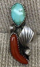 Native American Vintage Turquoise  Coral Sterling Silver Long Ring Size 4.5