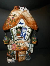 Clayworks Blue Skies Tea Light House Ceramic Cottage Decor cats Mushroom 12"