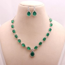 Emerald Green CZ Tennis Necklace Earring Set, 18k White Gold Bridal Jewellery