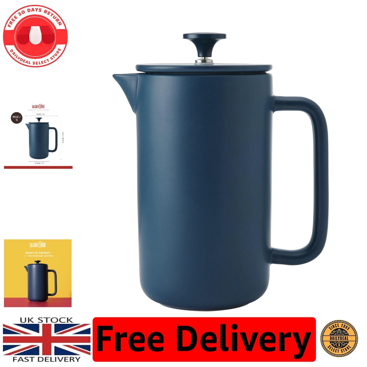 Elegant Navy Stoneware Cafetière - 1L French Press with Easy-Grip Plunger