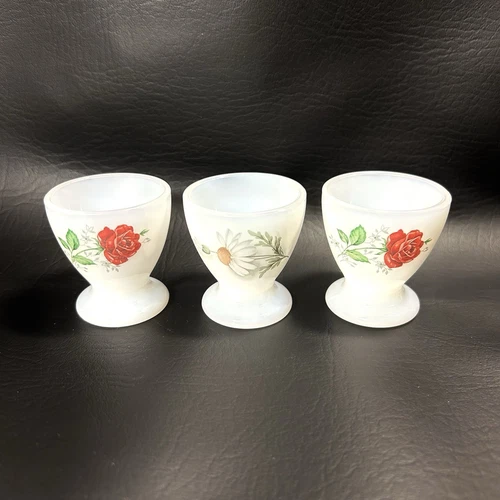 3 Vtg Egg Cups Milk Glass w Floral Designs 1950's Cottage Farmhouse EVC Easter