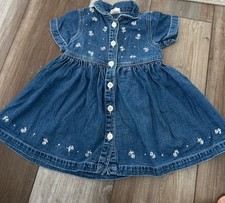 Vintage Baby Gap Blue Jean Girls Dress Denim 12/18 Months Flowers Button Up