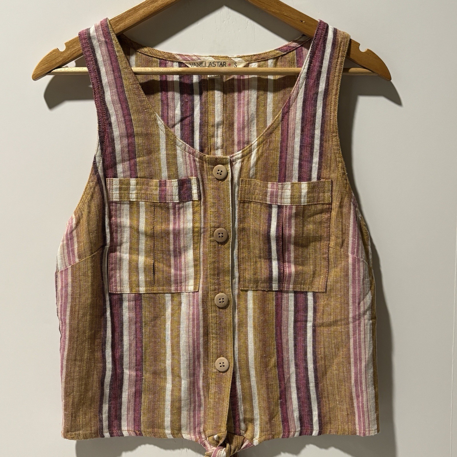 VANILLA STAR Top Women Sz S Beige Stripe Linen Scoop Neck Cropped Tank Tie Hem