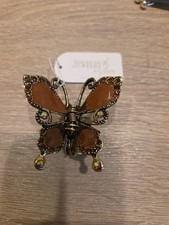 Brown Enamel Butterfly Hair Clip Silvertone Filigree w/Rhinestones 2.5"