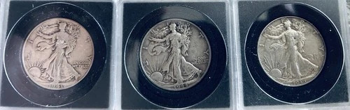 Walking Liberty Half Dollar 1941 D, 1944, 1945, SB$60 PS.