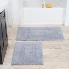 Cotton Bath Mat Set 100 Percent Cotton Reversible Absorbent Silver 2 PCS