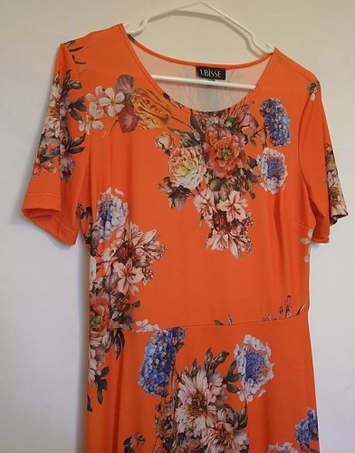 Lbisse Women's Orange Floral Short Sleeve Stretch Maxi Dress Waist Size Medium - Picture 4 of 6