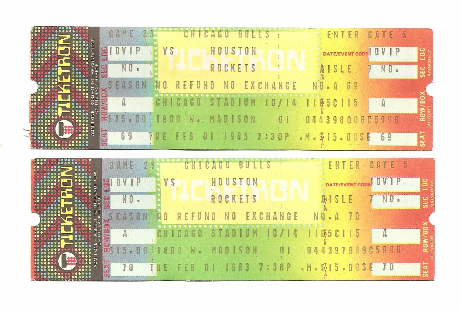 Chicago Bulls vs Houston Rockets Unused Basketball Tickets February 1, 1983