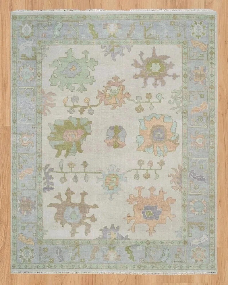 Hand-Knotted Turkish Oushak Wool Area Rug in Pastel 9x12 Traditional Design