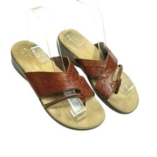 Dr. Scholls Brown Leather Slip-On Sandals Size 7 Cushioned Sole Stitch Detail