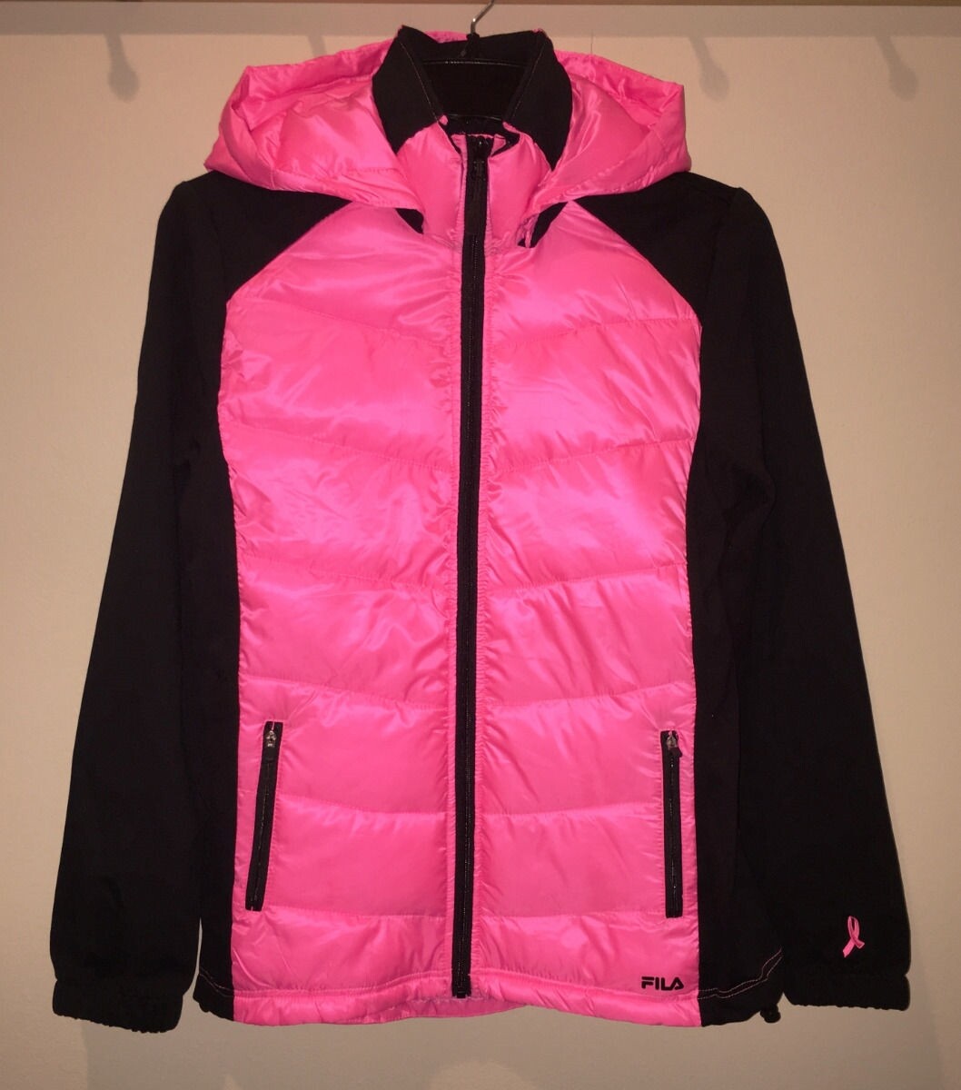 FILA Fan Favorite Neon Pink Black Breast Cancer Puffer Coat Jacket Womens Sz S