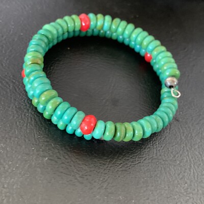 Wrap Memory Wire Stainless Steel Navajo Coral Green Turquoise Bracelet 9'' 13313