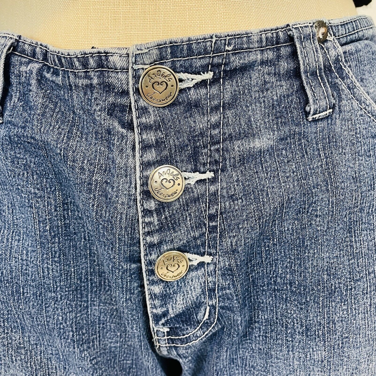 Vintage Y2K Angels Button Fly Flare Jeans Womens Rhinestone