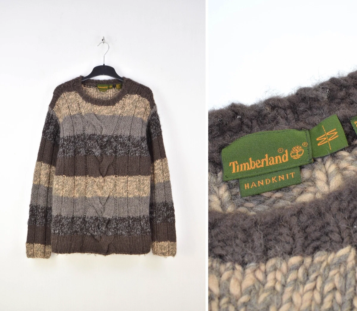 Timberland Hand Knit VIntage 90s Men's Cable Brown Wool Sweater Size M