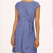 LOFT Faux Wrap Rayon Dress Womens 6 Blue Polka Dot Short Sleeve Casual Career