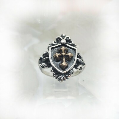 Vintage Shield with Yellow Bronze Cross Sterling Silver Ring