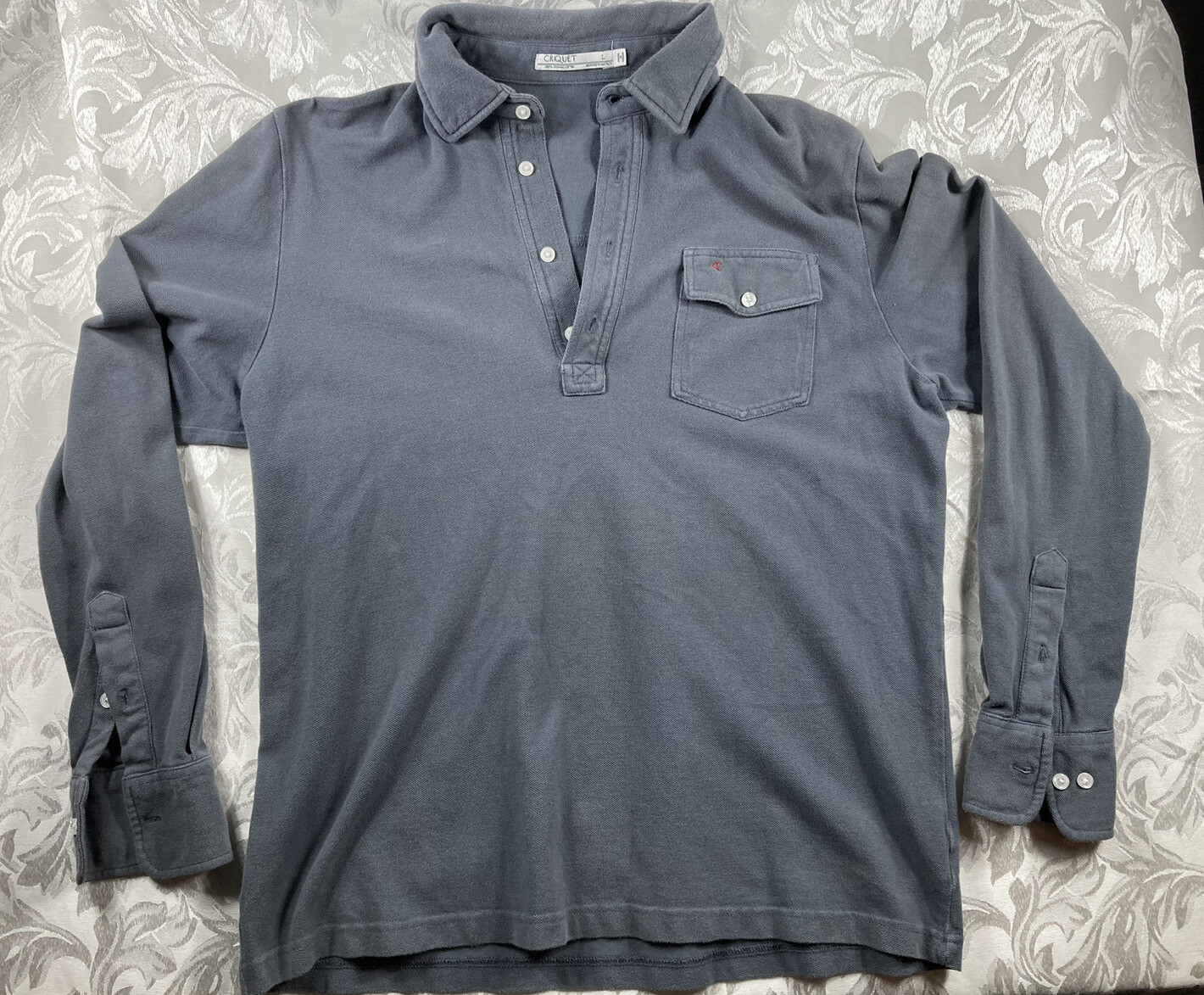 Criquet Men's large Pocket Polo Players Shirt Long Sleeve Gray Organic