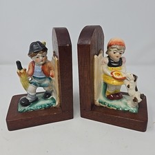 Bookends Girl and Boy With Dog Hand Painted 6.5" H