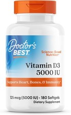 Doctor's Best Vitamin D3 5000IU, Non-GMO, Gluten  Soy 180 Count Pack of 1 