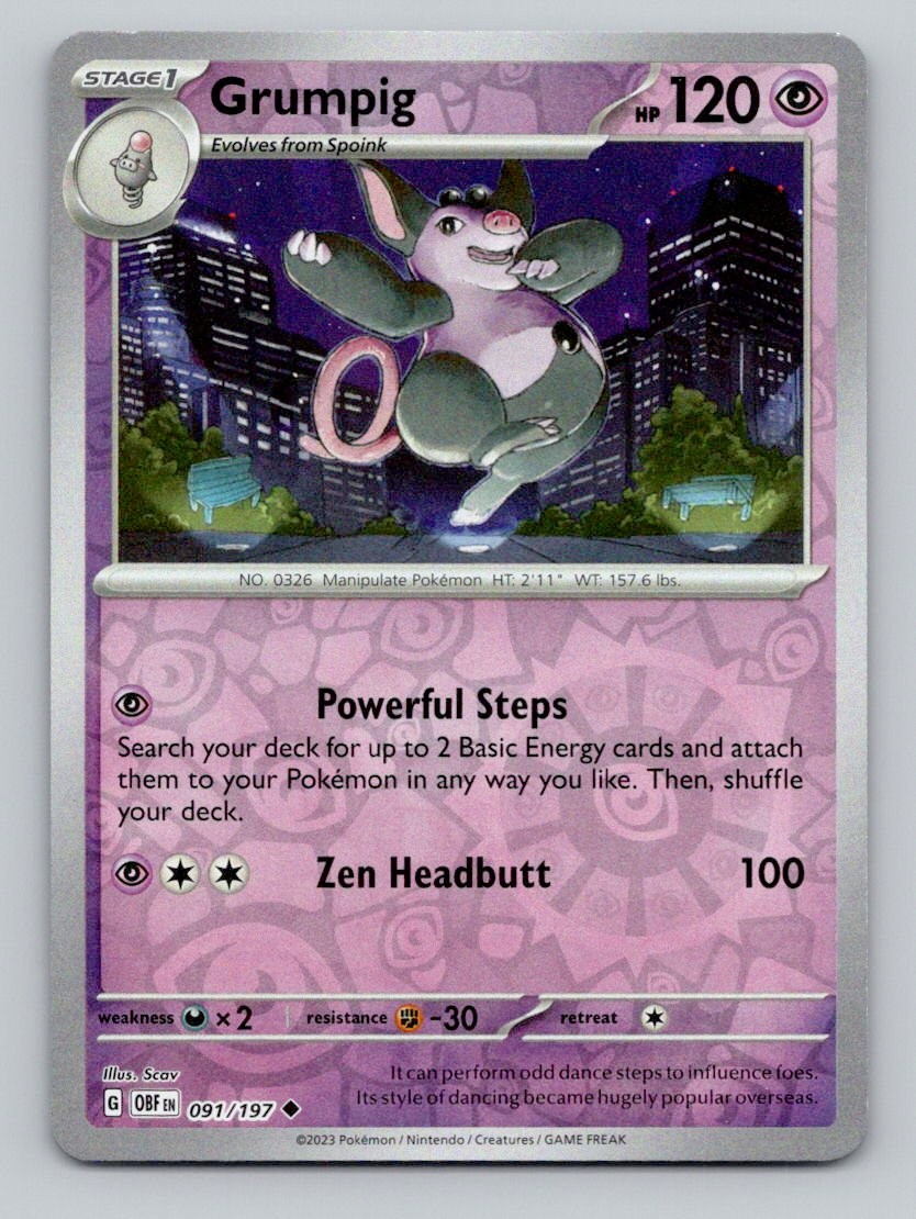 Grumpig 091/197 Uncommon Obsidian Flames Pokemon Reverse Holo Near Mint