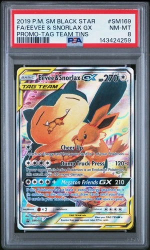 2019 POKEMON SM BLACK STAR PROMO TAG TEAM TINS FULL ART/EEVEE & SNORLAX GX PSA 8