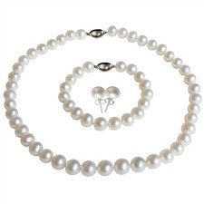 16 Inch Pearl Choker SET 8-9mm ROUND White Pearl Necklace Bracelet Earrings