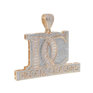 Authentic 5AAA+ CZ Ice Out Hop Hip Dream Chasers DC Pendant Chain 14k Real Gold Plated