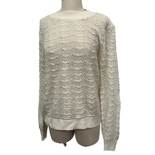 MNG Mango Womens Large Cream Wool Blend Pointelle Scallop Knit Crochet Sweater