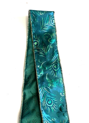 Peacock Blue Feather Glitter Gold Luxury Wire Edged Ribbon 2.5" / 63mm Wide