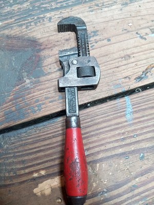 Antiq 8'' Wood Handle Stillson Wrench. Reg U.S Pat Office. Orig Paint. Good Teeth