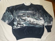 VTG 90 s Art Unlimited Winter Deer/Snow Scene Sweatshirt Pockets USA Lg a4
