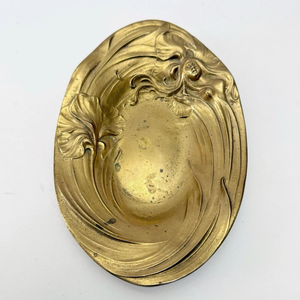 Vintage Art Nouveau Ethereal Woman Iris Floral Solid Brass Trinket Dish Catchall - Image 3 of 4