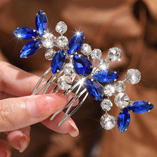 Blue Wedding Hair Comb Crystal Bridal Side Clip Rhinestones Bridesmaid Hairpi...
