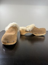 UGG Kalie Chestnut Suede Shearling Sheepskin Wood Bottom Clog sz:4