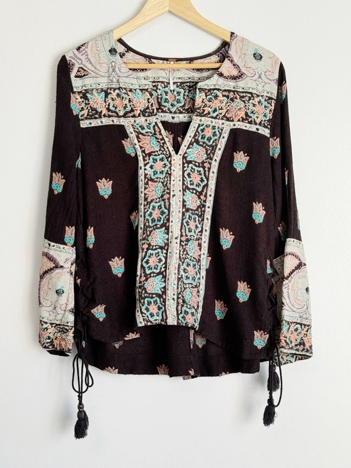 Free People Bandana Bandido Bordado Campesino Top Talla 6 Negro Boho Festival Foto 3 de 4