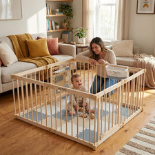 Baby Playpen, Wooden Playpen for Babies and Toddlers, Foldable Fence with Montes