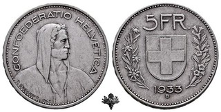SCHWEIZ 5 francs 1933 SILVER Silbermünze Switzerland