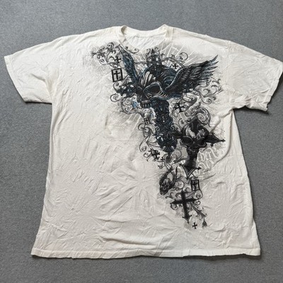 Vintage Hanes T Shirt Mens Large White Affliction Style Graphic Print Grunge Y2K