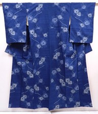 6106T08z800 Vintage Japanese Kimono Silk TSUMUGI Camellia Oriental blue