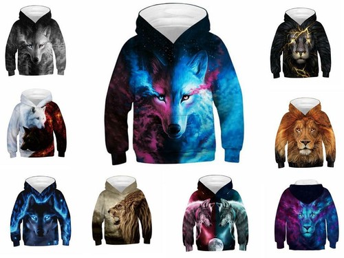 Kids Boys Hoodies 3D Wolf/Lion Sweatshirt Hooded Tops Pullover 5-14 Years AU