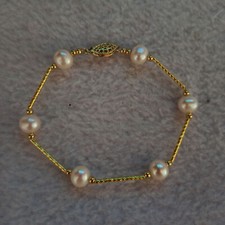 NEW AAAA 8-9MM AKOYA ROUND WHITE PEARL STATION Bracelet 7.5" 14K GOLD CLASP