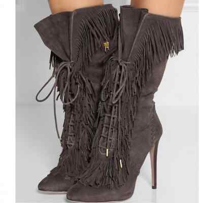 AQUAZZURA | Brown Fringe Carly Suede Heeled Boots Size: 38.5