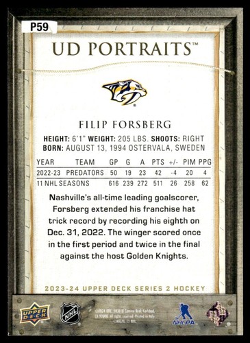 2023-24 Upper Deck Serie 2 UD Retratos Filip Forsberg Nashville Predators #P59 - Imagen 2 de 2