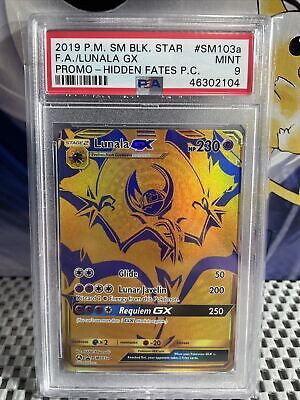 PSA 10 Gold Lunala GX Full Art Promo SM103a Hidden Fate