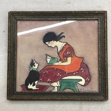 1920s Painting Girl Reading to Cat Folk Art Signed H. Trethewey Original