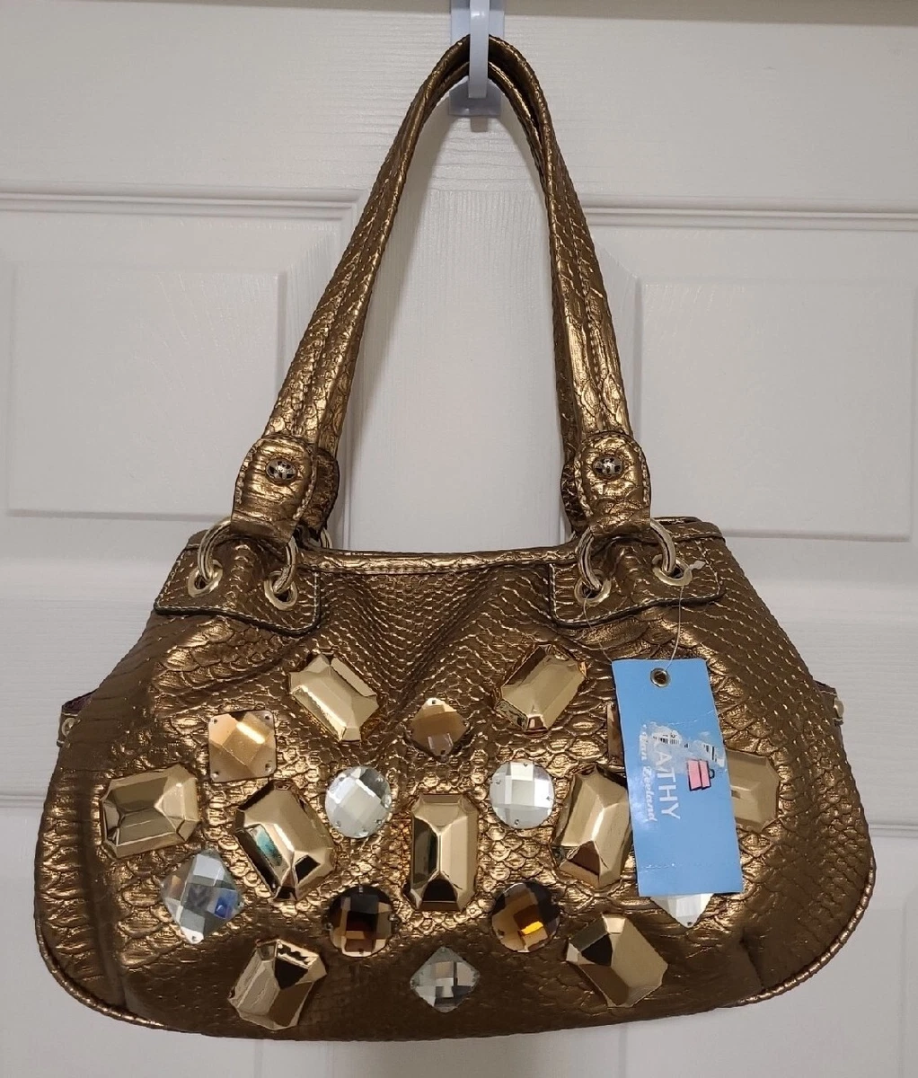 Kathy Van Zeeland Stone Age Shopper Handbag Purse Metallic Gold Damage Vintage