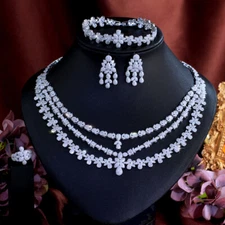 Multilayered Triple Necklace Earrings Bracelet Ring CZ Silver Plated Jewelry Set