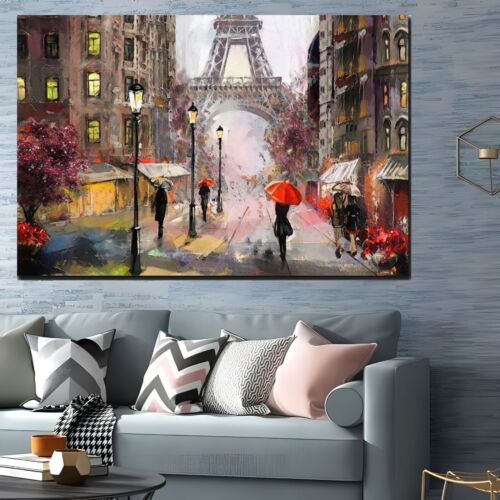 PARIS "WET RAINY NIGHT"CANVAS FRAMED PRINTS HOME OFFICE DECOR POP WALL ART - Picture 1 of 4